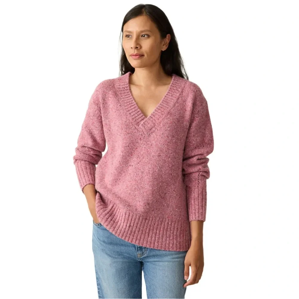 Faherty Driftwood Donegal Merino Wool Blend Sweater Oversized S Pink V-Neck Soft